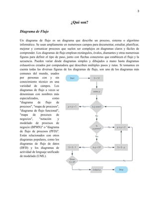 3
¿Qué son?
Diagrama de Flujo
Un diagrama de flujo es un diagrama que describe un proceso, sistema o algoritmo
informático. Se usan ampliamente en numerosos campos para documentar, estudiar, planificar,
mejorar y comunicar procesos que suelen ser complejos en diagramas claros y fáciles de
comprender. Los diagramas de flujo emplean rectángulos, óvalos, diamantes y otras numerosas
figuras para definir el tipo de paso, junto con flechas conectoras que establecen el flujo y la
secuencia. Pueden variar desde diagramas simples y dibujados a mano hasta diagramas
exhaustivos creados por computadora que describen múltiples pasos y rutas. Si tomamos en
cuenta todas las diversas figuras de los diagramas de flujo, son uno de los diagramas más
comunes del mundo, usados
por personas con y sin
conocimiento técnico en una
variedad de campos. Los
diagramas de flujo a veces se
denominan con nombres más
especializados, como
"diagrama de flujo de
procesos", "mapa de procesos",
"diagrama de flujo funcional",
"mapa de procesos de
negocios", "notación y
modelado de procesos de
negocio (BPMN)" o "diagrama
de flujo de procesos (PFD)".
Están relacionados con otros
diagramas populares, como los
diagramas de flujo de datos
(DFD) y los diagramas de
actividad de lenguaje unificado
de modelado (UML).
 