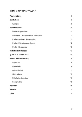 2
TABLA DE CONTENIDO
Acumuladores 6
Contadores 8
Ejemplo: 9
Identificadores 9
Pseint - Expresiones 11
Funciones: Las funciones de PseInt son: 11
PseInt - Acciones Secuenciales 11
PseInt - Estructuras de Control 12
PseInt - Notaciones 13
Métodos Estadísticos 13
¿Qué es la Estadística? 14
Ramas de la estadística 14
Educación 14
Contaduría 14
Administración 15
Gerontología 16
Estadística deportiva 16
Econometría 16
Hipótesis 16
Variable 17
Dato 17
 