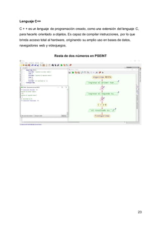 23
Lenguaje C++
C + + es un lenguaje de programación creado, como una extensión del lenguaje C,
para hacerlo orientado a objetos. Es capaz de compilar instrucciones, por lo que
brinda acceso total al hardware, originando su amplio uso en bases de datos,
navegadores web y videojuegos.
Resta de dos números en PSEINT
 