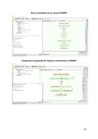 26
Área y perímetro de un círculo PSEINT
Temperatura ingresada de Celsius a Fahrenheit en PSEINT
 