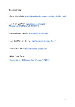 30
Enlaces del blog
- Daniel Lozada Cutiva:https://daniellozadacutiva.blogspot.com/p/periodo-12021.html
-Ana Sofia Lopez Millán: https://trabajosdetecnologia9-
4.blogspot.com/2021/03/periodo-1-2021.html
-Karina Mompotes Valencia: https://karinatik.blogspot.com/
-Laura Gisell Polindara Chamizo: https://conocimien-tic.blogspot.com/
-Carolina Uribe Millán: https://carolina7006.blogspot.com/
-Natalia Vicuña Garcia:
https://mundoweb142005.blogspot.com/p/periodo-1-2022.html
 