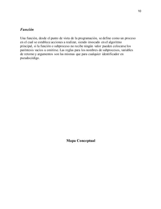 10
Función
Una función, desde el punto de vista de la programación, se define como un proceso
en el cual se establece acciones a realizar, siendo invocado en el algoritmo
principal, si la función o subproceso no recibe ningún valor pueden colocarse los
paréntesis vacíos u omitirse. Las reglas para los nombres de subprocesos, variables
de retorno y argumentos son las mismas que para cualquier identificador en
pseudocódigo.
Mapa Conceptual
 