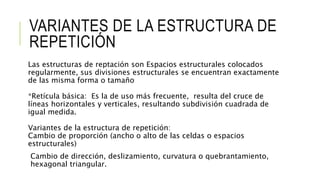 VARIANTES DE LA ESTRUCTURA DE
REPETICIÓN
Las estructuras de reptación son Espacios estructurales colocados
regularmente, sus divisiones estructurales se encuentran exactamente
de las misma forma o tamaño
*Retícula básica: Es la de uso más frecuente, resulta del cruce de
líneas horizontales y verticales, resultando subdivisión cuadrada de
igual medida.
Variantes de la estructura de repetición:
Cambio de proporción (ancho o alto de las celdas o espacios
estructurales)
Cambio de dirección, deslizamiento, curvatura o quebrantamiento,
hexagonal triangular.
 