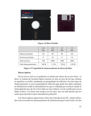 23
Figura 1.8 Disco Flexible
5.25
DD
5.25
HD
3.5
DD
3.5
HD
Número de pistas 40 80 80 80
Sectores por pistas 9 15 9 18
Total sectores 720 2400 1440 2880
Total almacenamiento    360 K      1.2 M      720 K      1.44 M  
Figura 1.9 Capacidad de almacenamiento de discos flexibles
Discos ópticos
En los discos ópticos la grabación se realiza por efecto de un rayo láser, es
decir, el sistema de escritura óptica consiste en usar un rayo de luz que calienta
la superficie a escribir, cambiando sus propiedades de reflexión. En estos tipos de
almacenamiento se usa la propiedad de reflexión para poder leer datos mediante
un fotodetector (mide la intensidad de luz que es reflejada por el disco), donde la
intensidad del rayo de luz al leer debe ser muy inferior a la de escribir para así no
dañar al disco. Los lásers más usados son los rojos, que son más baratos que los
azules pero permiten menor densidad de grabación.
Los discos ópticos aparecieron a fines de la década de los 80’, siendo utiliza-
dos como un medio de almacenamiento de información para la televisión. Su alta
 