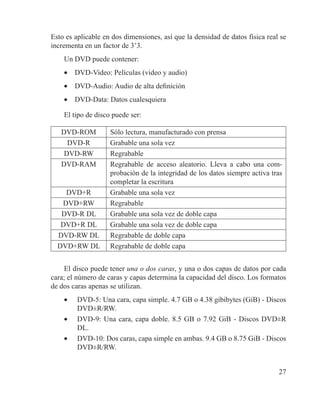 27
Esto es aplicable en dos dimensiones, así que la densidad de datos física real se
incrementa en un factor de 3’3.
Un DVD puede contener:
•	 DVD-Video: Películas (video y audio)
•	 DVD-Audio: Audio de alta definición
•	 DVD-Data: Datos cualesquiera
El tipo de disco puede ser:
DVD-ROM Sólo lectura, manufacturado con prensa
DVD-R Grabable una sola vez
DVD-RW Regrabable
DVD-RAM Regrabable de acceso aleatorio. Lleva a cabo una com-
probación de la integridad de los datos siempre activa tras
completar la escritura
DVD+R Grabable una sola vez
DVD+RW Regrabable
DVD-R DL Grabable una sola vez de doble capa
DVD+R DL Grabable una sola vez de doble capa
DVD-RW DL Regrabable de doble capa
DVD+RW DL Regrabable de doble capa
El disco puede tener una o dos caras, y una o dos capas de datos por cada
cara; el número de caras y capas determina la capacidad del disco. Los formatos
de dos caras apenas se utilizan.
•	 DVD-5: Una cara, capa simple. 4.7 GB o 4.38 gibibytes (GiB) - Discos
DVD±R/RW.
•	 DVD-9: Una cara, capa doble. 8.5 GB o 7.92 GiB - Discos DVD±R
DL.
•	 DVD-10: Dos caras, capa simple en ambas. 9.4 GB o 8.75 GiB - Discos
DVD±R/RW.
 