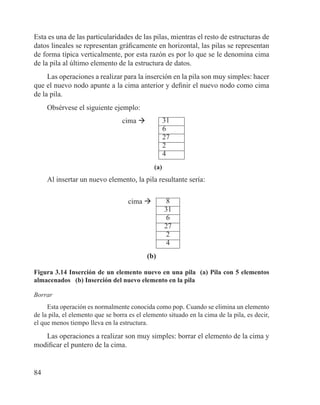 84
Esta es una de las particularidades de las pilas, mientras el resto de estructuras de
datos lineales se representan gráficamente en horizontal, las pilas se representan
de forma típica verticalmente, por esta razón es por lo que se le denomina cima
de la pila al último elemento de la estructura de datos.
Las operaciones a realizar para la inserción en la pila son muy simples: hacer
que el nuevo nodo apunte a la cima anterior y definir el nuevo nodo como cima
de la pila.
Obsérvese el siguiente ejemplo:
cima  31
6
27
2
4
(a)
Al insertar un nuevo elemento, la pila resultante sería:
cima  8
31
6
27
2
4
(b)
Figura 3.14 Inserción de un elemento nuevo en una pila (a) Pila con 5 elementos
almacenados (b) Inserción del nuevo elemento en la pila
Borrar
Esta operación es normalmente conocida como pop. Cuando se elimina un elemento
de la pila, el elemento que se borra es el elemento situado en la cima de la pila, es decir,
el que menos tiempo lleva en la estructura.
Las operaciones a realizar son muy simples: borrar el elemento de la cima y
modificar el puntero de la cima.
 