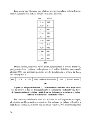 96
Para aplicar una búsqueda más eficiente será recomendable ordenar los ele-
mentos del archivo de índices por crn obteniendo entonces:
crn indice
13816 004
13920 011
13925 001
13936 008
13937 003
13956 005
13972 010
14020 002
14100 007
14195 009
14260 006
(e)
De esta manera, si se desea buscar un crn, se realizará en el archivo de índices,
por ejemplo el crn 13936 que es el registro 4 en el archivo de índices, corresponde
el índice 008. Con ese índice podemos acceder directamente al archivo de datos,
que corresponde a:
008 13936 CO104 Bases de Datos Distribuidas Jose Chávez Núñez
(f)
Figura 4.5 Búsqueda indizada (a) Estructura del archivo de datos (b) Estruc-
tura del archivo índice (c) Almacenamiento de información en el archivo de datos
(d) Creación del archivo índice (e) Ordenación de los registros del archivo índice
(f) Inicio de la búsqueda en el archivo índice
Por supuesto, nada impide tener más archivos de índices para otros campos,
el principal problema radica en mantener los archivos de índices ordenados a
medida que se añaden, eliminan o se modifican registros. Pero al ser los registros
 