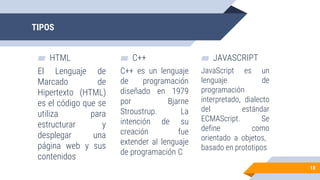 TIPOS
▰ HTML
El Lenguaje de
Marcado de
Hipertexto (HTML)
es el código que se
utiliza para
estructurar y
desplegar una
página web y sus
contenidos
▰ C++
C++ es un lenguaje
de programación
diseñado en 1979
por Bjarne
Stroustrup. La
intención de su
creación fue
extender al lenguaje
de programación C
▰ JAVASCRIPT
JavaScript es un
lenguaje de
programación
interpretado, dialecto
del estándar
ECMAScript. Se
define como
orientado a objetos,
basado en prototipos
18
 