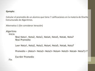Ejemplo:
Calcular el promedio de un alumno que tiene 7 calificaciones en la materia de Diseño
Estructurado de Algoritmos.
Alternativa 1 (Sin considerar iteración)
Algoritmo
Inicio
Real Nota1, Nota2, Nota3, Nota4, Nota5, Nota6, Nota7
Real Promedio
Leer Nota1, Nota2, Nota3, Nota4, Nota5, Nota6, Nota7
Promedio = (Nota1+ Nota2+ Nota3+ Nota4+ Nota5+ Nota6+ Nota7)/7
Escribir Promedio
Fin
 