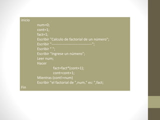 inicio
num=0;
cont=1;
fact=1;
Escribir "Calculo de factorial de un número";
Escribir "---------------------------------";
Escribir " ";
Escribir "Ingrese un número";
Leer num;
Hacer
fact=fact*(cont+1);
cont=cont+1;
Mientras (cont!=num)
Escribir "el factorial de ",num," es: ",fact;
Fin
 