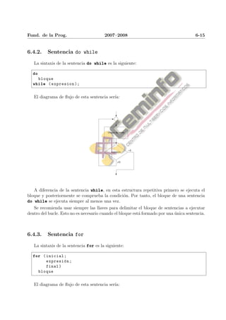 Fund. de la Prog.                       2007–2008                                       6-15


6.4.2.     Sentencia do while

   La sintaxis de la sentencia do while es la siguiente:

  do
       bloque
  while ( expresion );

   El diagrama de ﬂujo de esta sentencia ser´
                                            ıa:




                                          bloque do-while




                                                            =0
                                             expresi´n
                                                    o


                                                  =0




   A diferencia de la sentencia while, en esta estructura repetitiva primero se ejecuta el
bloque y posteriormente se comprueba la condici´n. Por tanto, el bloque de una sentencia
                                                   o
do while se ejecuta siempre al menos una vez.
   Se recomienda usar siempre las llaves para delimitar el bloque de sentencias a ejecutar
dentro del bucle. Esto no es necesario cuando el bloque est´ formado por una unica sentencia.
                                                           a                 ´



6.4.3.     Sentencia for

   La sintaxis de la sentencia for es la siguiente:

  for ( inicial ;
          expresi´ n ;
                  o
          final )
       bloque


   El diagrama de ﬂujo de esta sentencia ser´
                                            ıa:
 