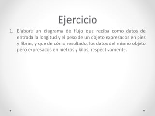 Ejercicio
1. Elabore un diagrama de flujo que reciba como datos de
entrada la longitud y el peso de un objeto expresados en pies
y libras, y que de cómo resultado, los datos del mismo objeto
pero expresados en metros y kilos, respectivamente.
 