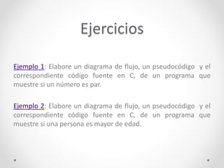 Ejercicios
Ejemplo 1: Elabore un diagrama de flujo, un pseudocódigo y el
correspondiente código fuente en C, de un programa que
muestre si un número es par.
Ejemplo 2: Elabore un diagrama de flujo, un pseudocódigo y el
correspondiente código fuente en C, de un programa que
muestre si una persona es mayor de edad.
 