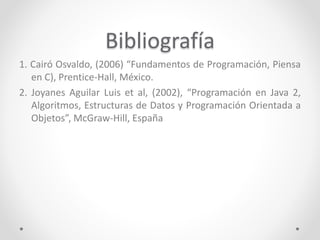 Bibliografía
1. Cairó Osvaldo, (2006) “Fundamentos de Programación, Piensa
en C), Prentice-Hall, México.
2. Joyanes Aguilar Luis et al, (2002), “Programación en Java 2,
Algoritmos, Estructuras de Datos y Programación Orientada a
Objetos”, McGraw-Hill, España
 