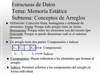 Estructuras de Datos
Tema: Memoria Estática
Subtema: Conceptos de Arreglos
 Definición: Colección finita, homogenea y ordenada de
elementos. Finita: Porque todo arreglo tiene un límite.
Homogenea: Porque todos los elementos son del mismo tipo.
Ordenada: Porque se puede determinar cuál es el enésimo
elemento.
 Un arreglo tiene dos partes: Componentes e índices
C1 C2 .... Cn
i0 i1 in
Componentes
Índices
 Componentes: Hacen referencia a los elementos que forman el
arreglo.
 Índices: Permiten referirse a los componentes del arreglo en
forma individual.
 