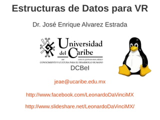 Estructuras de Datos para VR
    Dr. José Enrique Alvarez Estrada




                    DCBeI

             jeae@ucaribe.edu.mx

  http://www.facebook.com/LeonardoDaVinciMX

  http://www.slideshare.net/LeonardoDaVinciMX/
 