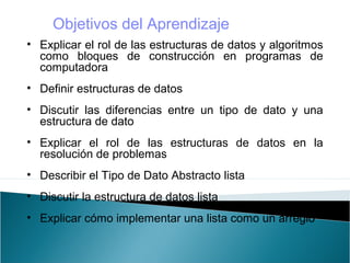 • Explicar el rol de las estructuras de datos y algoritmos
como bloques de construcción en programas de
computadora
• Definir estructuras de datos
• Discutir las diferencias entre un tipo de dato y una
estructura de dato
• Explicar el rol de las estructuras de datos en la
resolución de problemas
• Describir el Tipo de Dato Abstracto lista
• Discutir la estructura de datos lista
• Explicar cómo implementar una lista como un arreglo
Objetivos del Aprendizaje
 