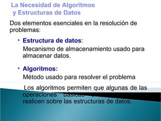 Dos elementos esenciales en la resolución de
problemas:
• Estructura de datos:
Mecanismo de almacenamiento usado para
almacenar datos.
• Algoritmos:
Método usado para resolver el problema
Los algoritmos permiten que algunas de las
operaciones básicas e importantes se
realicen sobre las estructuras de datos.
La Necesidad de Algoritmos
y Estructuras de Datos
 