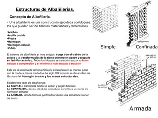 Estructuras de Albañilerías.   Concepto de Albañilería.   Una albañilería es una construcción ejecutada con bloques, los que pueden ser de distintas materialidad y dimensiones   Adobes Arcilla cocida Piedra Hormigón Hormigón celular Vidrio. El sistema de albañilería es muy antiguo,  surge con el trabajo de la piedra  y la  transformación de la tierra primero en adobe y después en ladrillo cerámico.  Todos los bloques se caracterizan por su  buen trabajo a compresión  y  su mínimo o nulo trabajo a tracción  Este es el sistema de construcción por excelencia en el mundo, junto con la madera, hasta mediados del siglo XIX cuando se desarrollan las técnicas del  hormigón armado y los aceros estructurales .  Existen tres tipos de albañilerías:  La SIMPLE  o tradicional donde se apilan y pegan bloques La CONFINADA , donde el trabajo estructural se lo lleva un marco de hormigón armado La ARMADA , donde bloques perforados tienen una armadura interior de acero.  