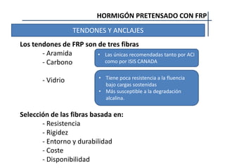 HORMIGÓN PRETENSADO CON FRP
TENDONES Y ANCLAJES
Los tendones de FRP son de tres fibras
- Aramida
- Carbono
- Vidrio • Tiene poca resistencia a la fluencia
bajo cargas sostenidas
• Más susceptible a la degradación
alcalina.
• Las únicas recomendadas tanto por ACI
como por ISIS CANADA
Selección de las fibras basada en:
- Resistencia
- Rigidez
- Entorno y durabilidad
- Coste
- Disponibilidad
 