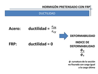HORMIGÓN PRETENSADO CON FRP
DUCTILIDAD
Acero: ductilidad =
𝜺𝒔𝒖
𝜺𝒔𝒚
FRP: ductilidad = 0
DEFORMABILIDAD
INDICE DE
DEFORMABILIDAD
𝝓𝒖
𝝓𝒙
𝝓: curvatura de la sección
no fisurada con carga igual
a la carga última
 