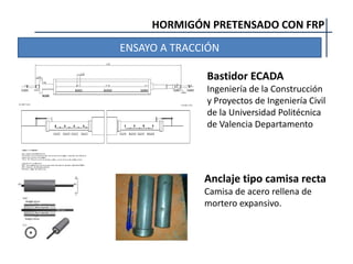 HORMIGÓN PRETENSADO CON FRP
ENSAYO A TRACCIÓN
Bastidor ECADA
Ingeniería de la Construcción
y Proyectos de Ingeniería Civil
de la Universidad Politécnica
de Valencia Departamento
Anclaje tipo camisa recta
Camisa de acero rellena de
mortero expansivo.
 