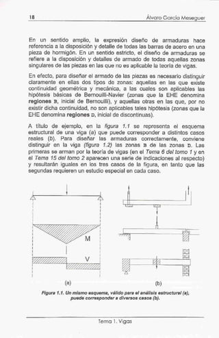 18 Álvoro García Meseguer
En un sentido ampHo, la expresión diseño de armaduras hace
referencia a la disposición y detalle de todas las barras de acero en una
pieza de hormigón. En un sentido estricto, el diseño de armaduras se
refiere a la disposición y detalles de armado de todas aquellas zonas
singulares de las piezas en las que no es aplicable la teoría de vigas.
En efecto, para diseñar el armado de las piezas es necesario distinguir
claramente en ellas dos tipos de zonas: aquellas en las que existe
continuidad geométrica y mecánica, a las cuales son aplicables las
hipótesis básicas de Bernouilli-Navier (zonas que la EHE denomina
regiones B, inicial de Bernouilli), y aquellas otras en las que, por no
existir dicha continuidad, no son aplicables tales hipótesis (zonas que la
EHE denomina regiones D, inicial de discontinuas).
A título de ejemplo, en la figura 1. 1 se representa el esquema
estructural de una viga (a) que puede corresponder a distintos casos
reales (b). Para diseñar las armaduras correctamente, conviene
distinguir en la viga (figura 1.2) las zonas B de las zonas D. Las
primeras se arman por la teoría de vigas (en el Tema 6 del tomo 1 y en
el Tema 15 del tomo 2 aparecen una serie de indicaciones al respecto)
y resultarán iguales en los tres casos de la figura, en tanto que las
segundas requieren un estudio especial en cada caso.
t t
1 1 1
,
(b)
Figura 1.1. Un mismo esquema, válido para el análisis estructural (a),
puede·corresponder a díve.rsos casos (b).
Tema 1. Vigas
 