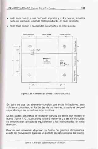 HORMIGÓN ARMADO. Elementos estructurales 183
• en la zona común a una banda de soportes y a otra central, la cuarta
parte del ancho de la banda correspondiente, en cada dirección;
• en la zona común a dos bandas de soportes, la octava parte.
Banda soportes Banda cenb'al Banda soportes
¡ ªe,-----;--- ª s
r
---b/4
-$-
1
[IJ
, 1
01 ~b,/8
1-11
~.1a
!J b/2 Sin Sa 3 /4
limítac16n
-D =t~be/4
b/4
-$- -$-
L bf4 _.___ _ _ _ _ _ __.__ b/4 -l
&--- ----a---------
Figura 7.11. Aberturas en placas (Tomada del MMM)
En caso de que las aberturas cumplan con estas limitaciones, será
suficiente concentrar, en los bordes de las mismas, armaduras de igual
capacidad que las armaduras interrumpidas.
En las placas aligeradas se formarán nervios de borde que rodeen el
hueco (figura 7. 12), cuyo ancho no será menor de 2 o cm, en los cuales
se concentrarán armaduras equivalentes a las interrumpidas en cada
dirección.
Cuando sea necesario disponer un hueco de grandes dimensiones,
puede ser conveniente disponer un soporte en cada esquina del mismo,
Tema 7. Placas sobre apoyos aislados
 