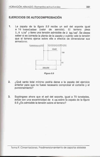 HORMIGÓN ARMADO. Elementos estructurales 23.1
EJERCICIOS DE AUTOCOMPROBACIÓN
1. La zapata de la figura 9. 9 recibe un axil del soporte igual
a 70 toneladas (valor de servicio). El terreno pesa
1, 8 t/ml y tiene una tensión admisible de 2 kp/ cm2. Se desea
saber sí es correcta la planta de la zapata y cuánto vale la tensión
que el terreno ejerce sobre ella a efectos de dimensionar sus
armaduras.
40x40
150
50
1 200x200 j
Figura 9.9
2. ¿Qué canto total mínimo podría darse a la zapata del ejercicio
anterior para que no fuese necesario comprobar el cortante y el
punzonamiento?
3. Supóngase ahora que el axíl del soporte, igual a 70 toneladas,
actúa con una excentricidad de 4 cm sobre la zapata de la figura
9.9 ¿Es admisible la tensión sobre el terreno?
Tema 9. Cimentaciones. Predimensionamiento de zapatas aisladas
 