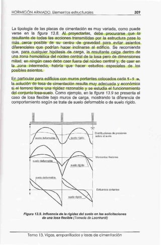 HORMIGÓN ARMADO. Elementos estructurales 309
La tipología de las placas de cimentación es muy variada, como puede
verse en la figura 13.8. Al proyectarlas, debe procurarse que la
resultante de todas las acciones transmitidas por la estructura pas-e lo
más cerca posible de su centro de gravedad para evitar asientos
diferenciales que podrlan hacer inclinarse al edificio. Se recomienda
que, para cualquier hipótesis de carga, la resultante caiga dentro de
una zona homotética del núcleo central de la losa pero de dimensiones
mitad; ea ningún caso debe caer fuera del núcleo central y, de caer en
la zona intermedia, haoría que hacer estudios especiales de los
posibles asientos.
En particular para edificios con muros portantes colocados cada s - 9 m,
la solución de losa de cimentación resulta muy adecuada y económica
si el terreno tiene una rigidez razonable y se estudia el funcionamiento
del conjunto losa-suelo. Como ejemplo, en la figura 13. 9 se presenta el
caso de losa flexible bajo muros de carga, mostrando la diferencia de
comportamiento según se trate de suelo deformable o de suelo rígido.
--¡-----_·:'~·--L--1C•/__--....,._~· W Distribuciones de presiones
r / sobre el suelo
f '""º'º'°""'''° . •~• d Ido ~
Momentos !lectores
suelo deformable
suelo rr Ido
suelo deformable
1 --
""'
Esfuerzos cortantes
•
Figura 13.9. Influencia de la rigidez del suelo en las solicitaciones
de una Josa flexible (Tomada de Leonhardt)
Tema 13. Vigas, emparrilladosy losas de c imentación
 