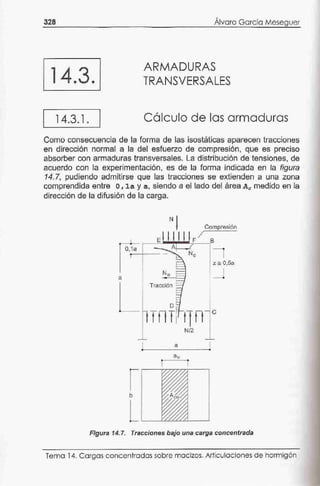 328
14.3.
14.3.1 .
'Alvaro García Meseguer
ARMADURAS
TRANSVERSALES
Cálculo de las armaduras
Como consecwencia de la forma de las isostáticas aparecen tracciones
en dirección normal a la del esfuerzo de compresión, que es preciso
absorber con armaduras transversales. La distribución de tensiones, de
acuerdo con la experimentación, es de la forma indicada en la figura
14.7, pudiendo admitirse que las tracciones se extienden a una zona
comprendida entre o,la y a, siendo a el lado del área Ac medido en la
dirección de la difusión de la carga.
N l Compresrón
0 _ ..,._1 _ ~-----'E~.....'--wF-~,B
O,1a --. Af-----....,.
.--1-- Ne - r
z - 0,5a
Na. _l.
a
Traeclón
o
1Tfl Tf tTtt e
N/2
J
a
1
j i
b
Figura 14. 7. Tracciones bajo una·carga concentrada
Tema 14. Cargas concentradas sobre macizos. Articulacion.es oe hormigón
 