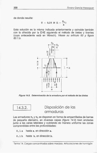 330
de donde resulta:
a
U = 0,25 N (1 - -2...)
a
'
Alvaro García Meseguer
Esta solución es la misma indicada anteriormente y coincide también
con la ofrecida por la EHE siguiendo el método de bielas y tirantes
(cuyo antecedente está en Morsch). Véase su artículo 60 y figura
60.1.b.
a
2
N
2
1 =a
1
- -·
Figura 14.8. Determinación de la armadura por el método de las bielas
14.3.2. Disposición de las
armaduras
Las armaduras uª y ub se disponen en forma de emparrillados de barras
de pequeño diámetro, en diversas capas (figura 14.9) bien ancladas
junto a las caras laterales y cubriendo de manera uniforme las zonas
comprendidas entre las profundidades:
o, 1 a hasta a, en dirección a.
or 1 b hasta b, en dirección b.
Tema 14. Cargas concentradas sobre macizos. Articulaciones de hormigón
 