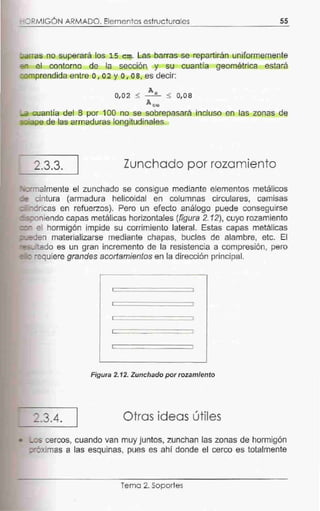 - ORMIGÓN ARMADO. Elementos estructurales 55
-~rras no superará los 15 cm. Las barras se repartirán uniformemente
:."' el contorno de la sección y su cuantía geométrica estará
ro.,,prendida entre o, o2 y o, o8, es decir:
As
0,02 :$ < 0,08
A c.,
_a cuantía del 8 por 100 no se sobrepasará incluso en las zonas de.
_'.:' aoe de las armaduras longitudinales.
2.3.3. Zunchado por rozamiento
_"Tlalmente el zunchado se consigue mediante elementos metálicos
~ = cintura (armadura helicoidal en columnas circulares, camisas
-dricas en refuerzos). Pero un efecto análogo puede conseguirse
-::.:oniendo capas metálicas horizontales (figura 2.12), cuyo rozamiento
_,_,_ el hormigón impide su corrimiento lateral. Estas capas metálicas
_=:!en materializarse mediante chapas, bucles de alambre, etc. El
=::;- :ado es un gran incremento de la resistencia a compresión, pero
- : -equiere grandes acortamientos en la dirección principal.
Figura 2.12. Zunchado por rozamiento
:.3.4. Otras ideas útiles
• _os cercos, cuando van muy juntos, zunchan las zonas de hormigón
:-:)ximas a las esquinas, pues es ahí donde el cerco es totalmente
Tema 2. Soportes
 