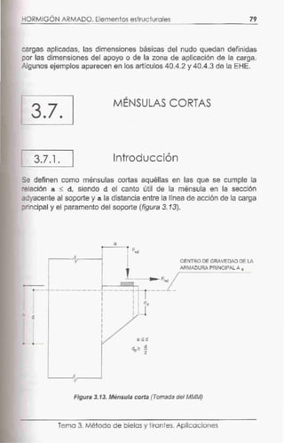 HORMIGÓN ARMADO. Elementos estructurales 79
cargas aplicadas, las dimensiones básicas del nudo quedan definidas
por las dimensiones del apoyo o de la zona de aplicación de la carga.
Algunos ejemplos aparecen en los artículos 40.4.2 y 40.4.3 de la EHE.
3.7.
MÉNSULAS CORTAS
3.7.1. Introducción
Se definen como ménsulas cortas aquéllas en las que se cumple la
·elación a < d , siendo d el canto útil de la ménsula en la sección
adyacente al soporte y a la distancia entre la línea de acción de la carga
:;i ncipal y el paramento del soporte (figura 3. 13).
~---'11r----; CENTRO DE GRAVEDAD DE LA
' ARMADURA PRINCIPAL A s
---_-----.----_J---~~---~-F:~¡_l 1 1
d
1 1 do
1 1 J1 1
1
1
1
1
a<d
Figura 3.13. Ménsula corta.(Tomada del MMM)
Tema 3. Método de bielas y tirantes. Aplicaciones
 