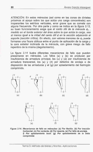 80 Álvaro Gqrcía Meseguer
ATENCIÓN: En estas ménsulas (así como en las zonas de dinteles
próximas al apoyo sobre las que actúa una carga concentrada) son
inoperantes los estribos verticales, error grave que se comete con
alguna frecuencia. Por otra parte y como se indica en la figura 3.13,
su buen funcionamiento exige que e/ canto útil de la ménsula do ,
medido én el porde exterior del área sobre la que actúa la carga, sea
al menos igual a la mitad del canto útil d en la sección adyacente al
soporte (sección crítica). En efecto, con valores menores de d o puede
formarse una fisura oblicua entre el punto de aplicación de la carga y
la cara exterior inclinada de la ménsula, con grave riesgo de fallo
repentino de la misma (degollamiento).
La figura 3. 14 ilustra diferentes mecanismos de fallo que pueden
presentarse en ménsulas. Los fallos (a) y (b) se producen por
insuficiencia de armadura principal, los (e) y (d) por insuficiencia de
armadura transversal, los (e) y {:E) por defectos de anclaje o de
disposición de las armaduras y el (g) por aplastamiento del hormigón
comprimido.
¡v
'
F
-, - - -- ....,
'' •
(a)
(e)
¡v
'
11
,.- - --,
l ''
''
'
i__µ
(b)
~-
'''
¡ví-
:~¡
(f)
''
V
fv- .
 .. -.......
F - - "-- - ·-..
' ' ~
'' ' § ''
~~
~
(e) {d)
V
'' .'~ :
(g)
Figura 3.14. Mecanismos de fallo en ménsulas: (a) Por flexión. (b) Por tracción
horizontal. (c) Por cortante. (d) Por rasante. (e) Por fallo de anclaje.
f) Por aplastamiento local. (g) Por aplastamiento de la biela
comprimída
Tema 3. Método de bielas y tirantes. Aplicaciones
 