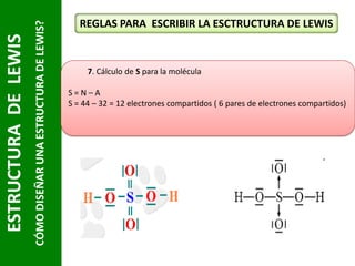 CÓMO DISEÑAR UNA ESTRUCTURA DE LEWIS?

ESTRUCTURA DE LEWIS

REGLAS PARA ESCRIBIR LA ESCTRUCTURA DE LEWIS

7. Cálculo de S para la molécula
S=N–A
S = 44 – 32 = 12 electrones compartidos ( 6 pares de electrones compartidos)

 