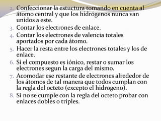 2. Confeccionar la estuctura tomando en cuenta al
   átomo central y que los hidrógenos nunca van
   unidos a este.
3. Contar los electrones de enlace.
4. Contar los electrones de valencia totales
   aportados por cada átomo.
5. Hacer la resta entre los electrones totales y los de
   enlace.
6. Si el compuesto es iónico, restar o sumar los
   electrones segun la carga del mismo.
7. Acomodar ese restante de electrones alrededor de
   los átomos de tal manera que todos cumplan con
   la regla del octeto (excepto el hidrogeno).
8. Si no se cumple con la regla del octeto probar con
   enlaces dobles o triples.
 