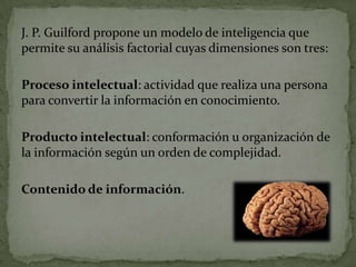 J. P. Guilford propone un modelo de inteligencia que permite su análisis factorial cuyas dimensiones son tres:Proceso intelectual: actividad que realiza una persona para convertir la información en conocimiento.Producto intelectual: conformación u organización de la información según un orden de complejidad.Contenido de información.