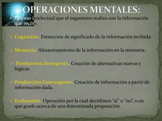 OPERACIONES MENTALES:Proceso intelectual que el organismo realiza con la información que recibe.Cognición.Extracción de significado de la información recibida.