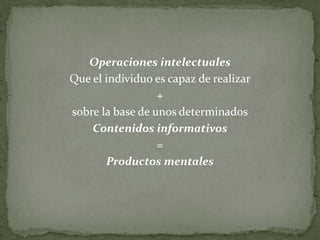 Evaluación. Operación por la cual decidimos “si” o “no”, o en qué grado acerca de una determinada proposición.CONTENIDOSTipos de información.Figurativo: Información que se percibe directamente del exterior (o bien se recupera de la memoria) en forma de imagen.
