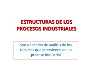 ESTRUCTURAS DE LOS PROCESOS INDUSTRIALES Son un medio de análisis de los recursos que intervienen en un proceso industrial 