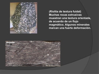 (Riolita de textura fuidal)
Muchas rocas extrusivas
muestran una textura orientada,
de acuerdo de un flujo
magmático. Algunos minerales
marcan una fuerte deformación.
 
