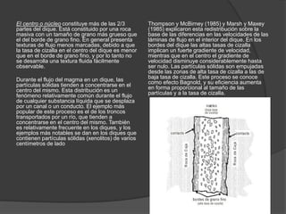 El centro o núcleo constituye más de las 2/3
partes del dique. Está constituido por una roca
masiva con un tamaño de grano más grueso que
el del borde de grano fino. En general presenta
texturas de flujo menos marcadas, debido a que
la tasa de cizalla en el centro del dique es menor
que en el borde de grano fino, y por lo tanto no
se desarrolla una textura fluida fácilmente
observable.
Durante el flujo del magma en un dique, las
partículas sólidas tienden a concentrarse en el
centro del mismo. Esta distribución es un
fenómeno relativamente común durante el flujo
de cualquier substancia líquida que se desplaza
por un canal o un conducto. El ejemplo más
popular de este proceso es el de los troncos
transportados por un río, que tienden a
concentrarse en el centro del mismo. También
es relativamente frecuente en los diques, y los
ejemplos más notables se dan en los diques que
contienen partículas sólidas (xenolitos) de varios
centímetros de lado
Thompson y McBirney (1985) y Marsh y Maxey
(1985) explicaron esta redistribución sobre la
base de las diferencias en las velocidades de las
láminas de flujo en el interior del dique. En los
bordes del dique las altas tasas de cizalla
implican un fuerte gradiente de velocidad,
mientras que en el centro el gradiente de
velocidad disminuye considerablemente hasta
ser nulo. Las partículas sólidas son empujadas
desde las zonas de alta tasa de cizalla a las de
baja tasa de cizalla. Este proceso se conoce
como efecto Bagnold, y su eficiencia aumenta
en forma proporcional al tamaño de las
partículas y a la tasa de cizalla.
 