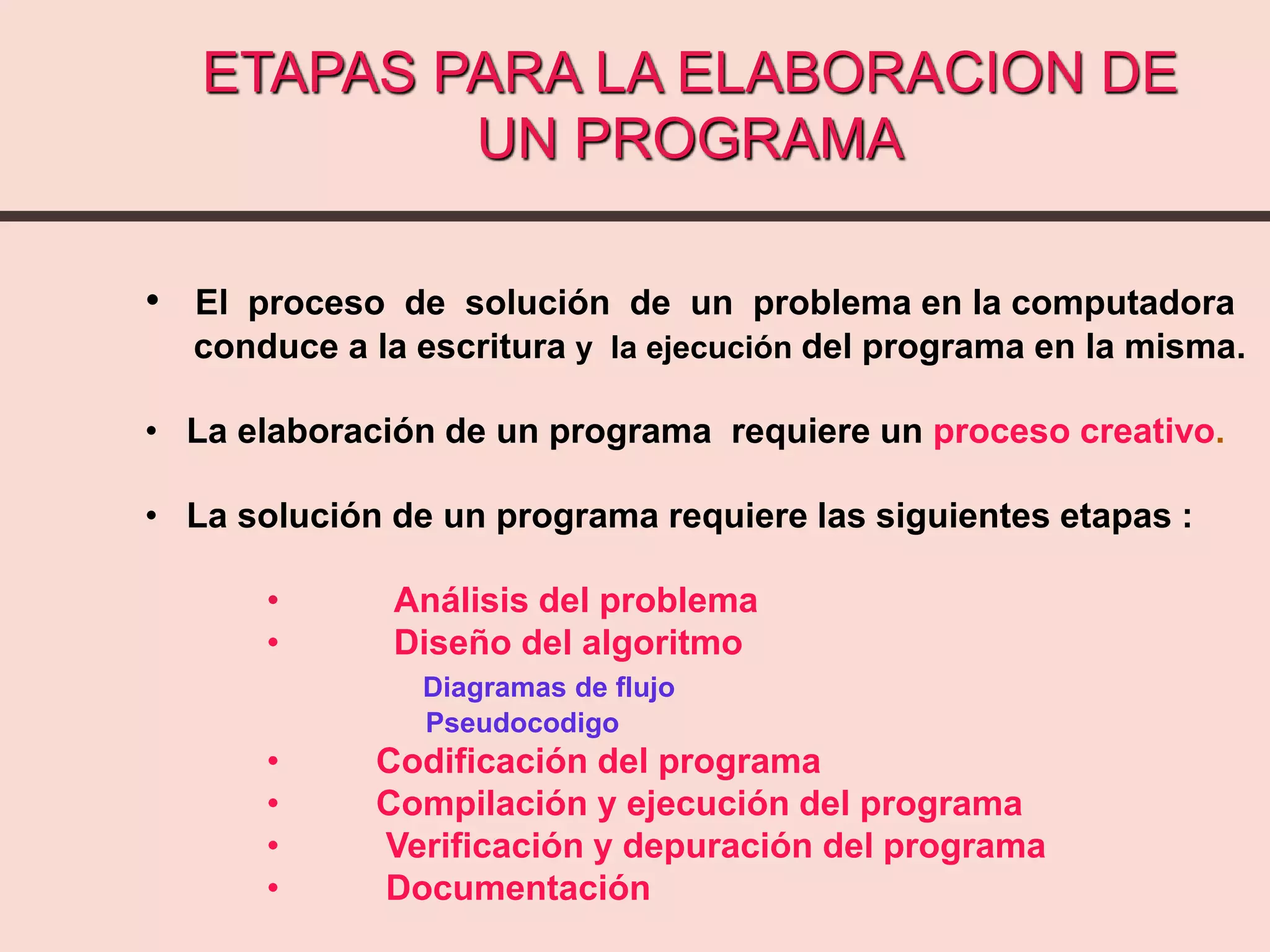 ETAPAS PARA LA ELABORACION DE
UN PROGRAMA
• El proceso de solución de un problema en la computadora
conduce a la escritura y la ejecución del programa en la misma.
• La elaboración de un programa requiere un proceso creativo.
• La solución de un programa requiere las siguientes etapas :
• Análisis del problema
• Diseño del algoritmo
Diagramas de flujo
Pseudocodigo
• Codificación del programa
• Compilación y ejecución del programa
• Verificación y depuración del programa
• Documentación
 