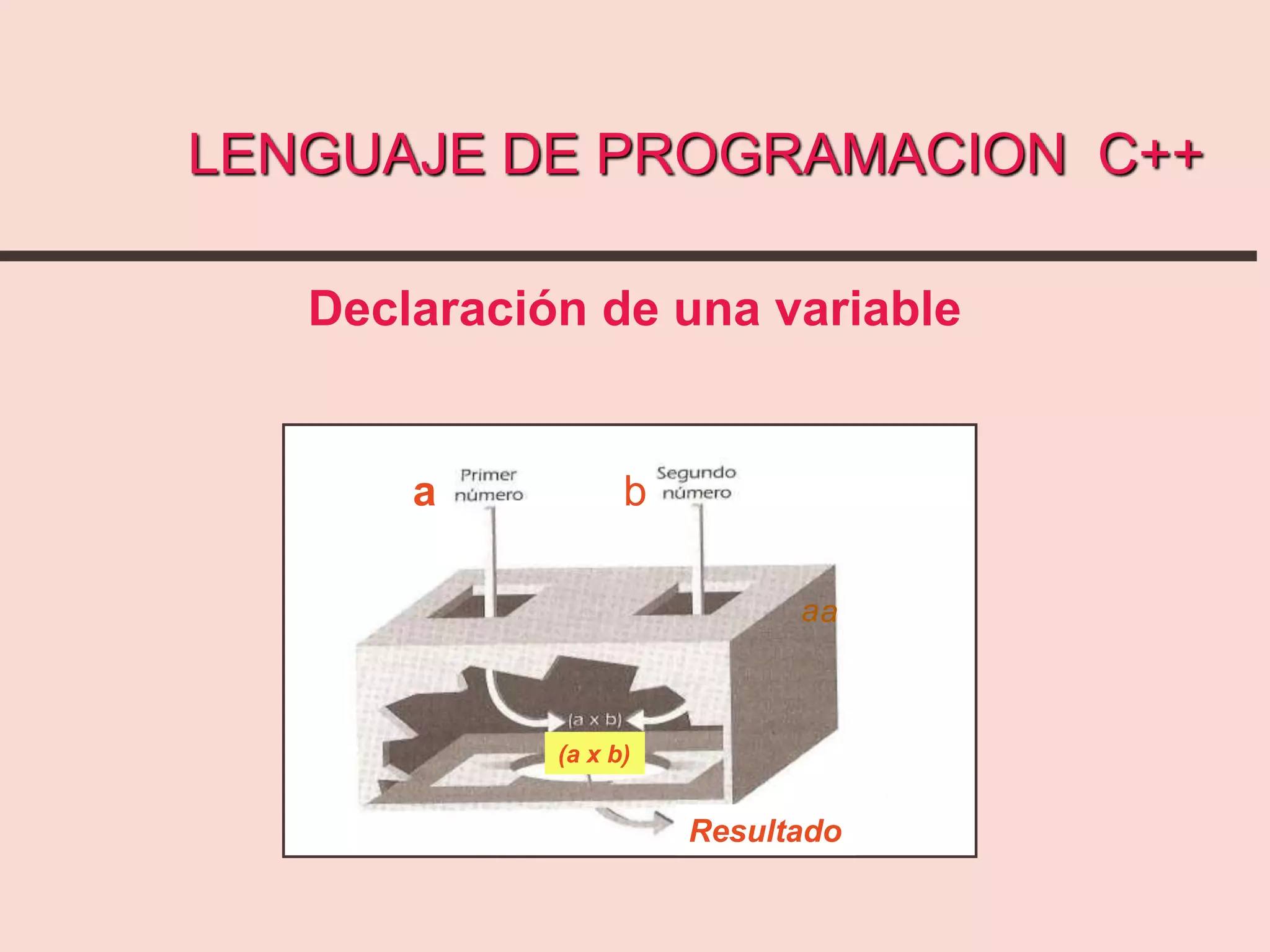 LENGUAJE DE PROGRAMACION C++
Declaración de una variable
aa
a b
(a x b)
Resultado
 