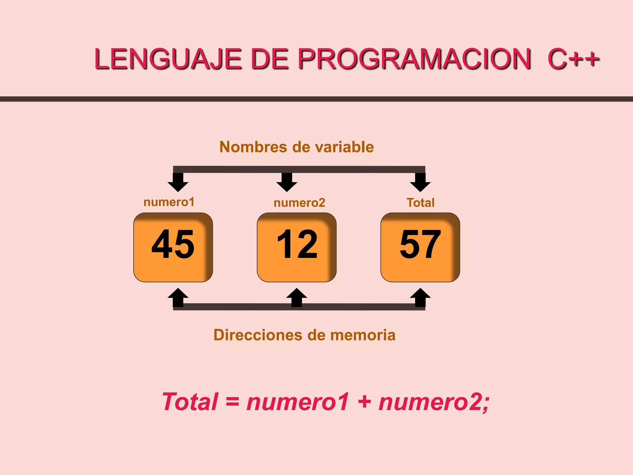 LENGUAJE DE PROGRAMACION C++
45 12 57
Nombres de variable
numero1 Totalnumero2
Direcciones de memoria
Total = numero1 + numero2;
 