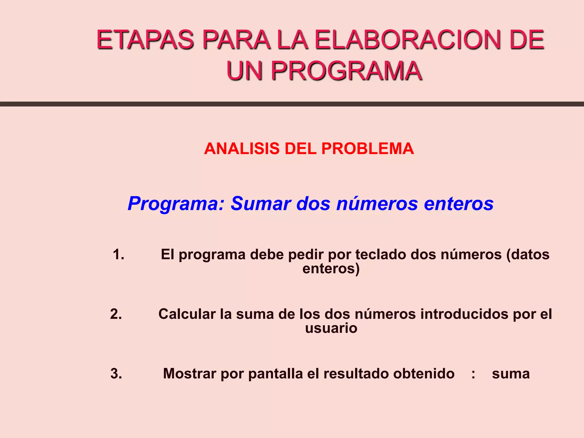 ETAPAS PARA LA ELABORACION DE
UN PROGRAMA
ANALISIS DEL PROBLEMA
Programa: Sumar dos números enteros
1. El programa debe pedir por teclado dos números (datos
enteros)
2. Calcular la suma de los dos números introducidos por el
usuario
3. Mostrar por pantalla el resultado obtenido : suma
 