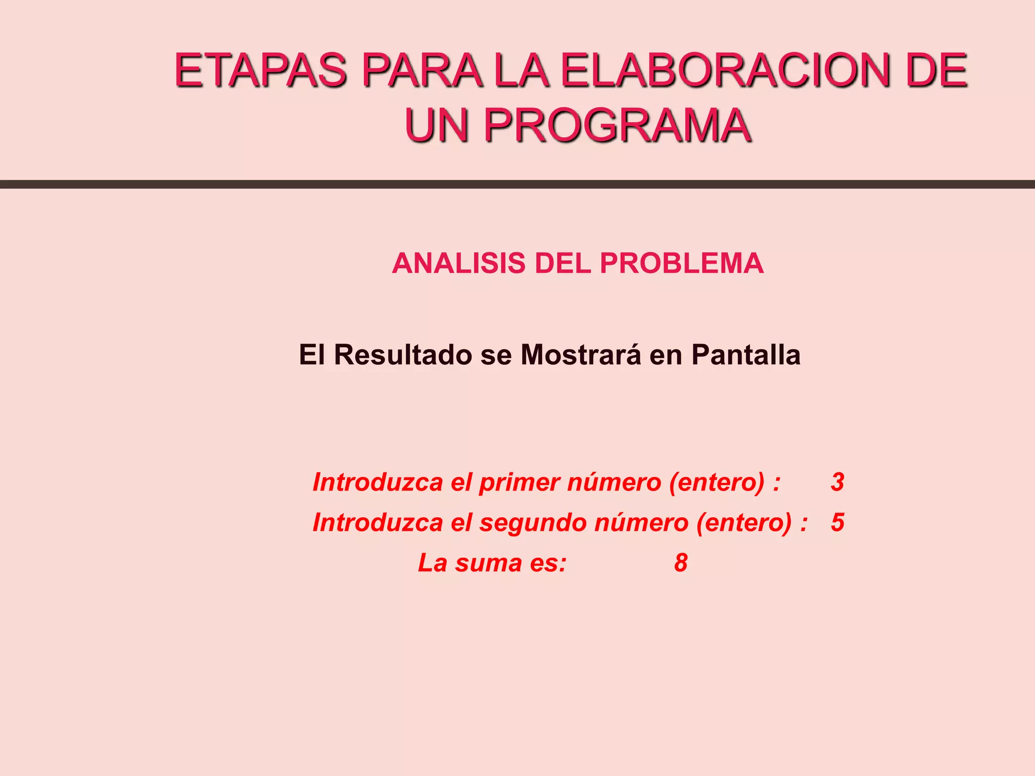 ANALISIS DEL PROBLEMA
El Resultado se Mostrará en Pantalla
Introduzca el primer número (entero) : 3
Introduzca el segundo número (entero) : 5
La suma es: 8
ETAPAS PARA LA ELABORACION DE
UN PROGRAMA
 