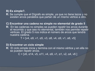 B) Es simple?.
R: Se cumple que el Dígrafo es simple, ya que no tiene lazos y no
existen arcos paralelos que partan de un mismo vértice a otro.
C) Encontrar una cadena no simple no elemental de grado 5
R: En las cadenas no simples se pueden repetir los arcos durante
el recorrido y que sea no elemental, también nos permite repetir
vértices. El grado 5 nos indica el número de arcos que tendrá
nuestra cadena.
T = [v4, α9, v1, α5, v3, α8, v4, α9, v1, α6, v5]
D) Encontrar un ciclo simple
R: El ciclo simple inicia y termina con el mismo vértice y en ella no
se pueden repetir arcos.
C = [v6, α14, v5, α11, v4, α9, v1, α1, v2, α4, v6 ]
 