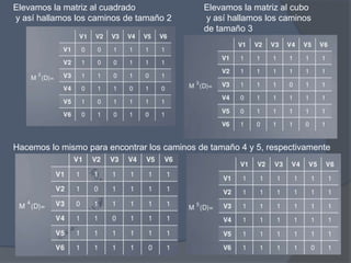 Elevamos la matriz al cuadrado
y así hallamos los caminos de tamaño 2
Elevamos la matriz al cubo
y así hallamos los caminos
de tamaño 3
Hacemos lo mismo para encontrar los caminos de tamaño 4 y 5, respectivamente
 